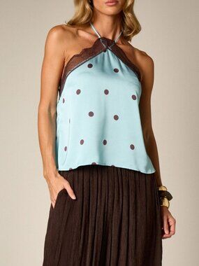 Aqua Polka Dot Halter Top with Lace Trim